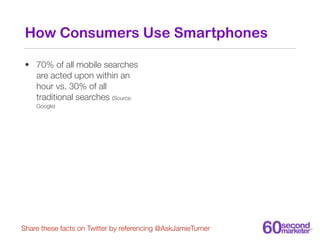 How Consumers Use Smartphones

 • 70% of all mobile searches
   are acted upon within an
   hour vs. 30% of all
   traditi...