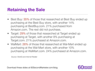 Retaining the Sale

• Best Buy: 35% of those that researched at Best Buy ended up
  purchasing at the Best Buy store, with...