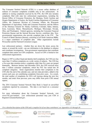 INTRODUCTION

Leading Data Contributors
The Consumer Sentinel Network (CSN) is a secure online database of
millions of consumer complaints available only to law enforcement. In
addition to storing complaints received by the FTC, the CSN also includes
complaints filed with state law enforcement organizations, including the
Hawaii Office of Consumer Protection, the Montana, North Carolina and
Oregon Departments of Justice, the South Carolina Department of Consumer
Affairs, the Tennessee Division of Consumer Affairs, the Wisconsin
Department of Agriculture, Trade and Consumer Protection, and the Offices
of the Attorneys General for Alaska, California, Colorado, Idaho, Indiana,
Iowa, Louisiana, Maine, Massachusetts, Michigan, Mississippi, Nevada,
Ohio, and Washington. Federal agencies, including the Consumer Financial
Protection Bureau and the Internal Revenue Service, contribute data. Non­
governmental organizations also provide complaint data to the FTC. The
Council of Better Business Bureaus, consisting of all North American BBBs,
is a major contributor of complaint data. Other organizations include
PrivacyStar and the National Consumers League.
Law enforcement partners - whether they are down the street, across the
nation, or around the world - can use information in the database to enhance
and coordinate investigations. Non-government organizations that contribute
complaint data cannot see CSN complaints. Access to CSN is limited to law
enforcement organizations.
Begun in 1997 to collect fraud and identity theft complaints, the CSN now has
more than 13 million complaints on a wide variety of subjects. The CSN has
a five-year data retention policy; complaints older than five years are purged
biannually. Between January and December 2016, the CSN received more
than 3 million consumer complaints, which the FTC has sorted into 30
complaint categories. Some organizations transfer their complaints to the
CSN after the end of the calendar year, and new data providers, added to the
system each year, are contributing complaints from prior years. As a result,
the total number of complaints for 2016 will increase during the next few
months, and totals from previous years may differ from prior CSN annual
reports.
The 2016 Consumer Sentinel Network Data Book is based on unverified
complaints reported by consumers. The data is not based on a consumer
survey.
For more information about the Consumer Sentinel Network, visit
www.FTC.gov/sentinel. Law enforcement personnel may join CSN at
Register.ConsumerSentinel.gov.
Consumer Financial
Better Business Bureaus Protection Bureau
National Consumers
Internal Revenue Service League
PrivacyStar
Publishers Clearing
House
MoneyGram
International Ohio Attorney General
North Carolina
Department of Justice
Washington
Attorney General
California Maine
Attorney General Attorney General
Wisconsin Indiana
DATCP Attorney General
For a detailed description of the CSN and a complete list of our data contributors, see Appendices A1 through A4.
www.FTC.gov/sentinel www.IdentityTheft.gov www.econsumer.gov
Federal Trade Commission Page 2 of 102 Released March 2017
 