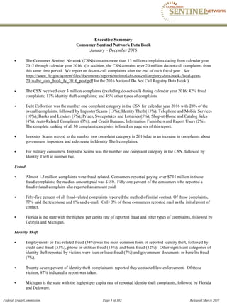 Executive Summary

Consumer Sentinel Network Data Book

January – December 2016
 The Consumer Sentinel Network (CSN) contains more than 13 million complaints dating from calendar year
2012 through calendar year 2016. (In addition, the CSN contains over 20 million do-not-call complaints from
this same time period. We report on do-not-call complaints after the end of each fiscal year. See
https://www.ftc.gov/system/files/documents/reports/national-do-not-call-registry-data-book-fiscal-year­
2016/dnc_data_book_fy_2016_post.pdf for the 2016 National Do Not Call Registry Data Book.)
 The CSN received over 3 million complaints (excluding do-not-call) during calendar year 2016: 42% fraud
complaints; 13% identity theft complaints; and 45% other types of complaints.
 Debt Collection was the number one complaint category in the CSN for calendar year 2016 with 28% of the
overall complaints, followed by Impostor Scams (13%); Identity Theft (13%); Telephone and Mobile Services
(10%); Banks and Lenders (5%); Prizes, Sweepstakes and Lotteries (5%); Shop-at-Home and Catalog Sales
(4%); Auto-Related Complaints (3%); and Credit Bureaus, Information Furnishers and Report Users (2%).
The complete ranking of all 30 complaint categories is listed on page six of this report.
 Impostor Scams moved to the number two complaint category in 2016 due to an increase in complaints about
government impostors and a decrease in Identity Theft complaints.
 For military consumers, Impostor Scams was the number one complaint category in the CSN, followed by
Identity Theft at number two.
Fraud
 Almost 1.3 million complaints were fraud-related. Consumers reported paying over $744 million in those
fraud complaints; the median amount paid was $450. Fifty-one percent of the consumers who reported a
fraud-related complaint also reported an amount paid.
 Fifty-five percent of all fraud-related complaints reported the method of initial contact. Of those complaints,
77% said the telephone and 8% said e-mail. Only 3% of those consumers reported mail as the initial point of
contact.
 Florida is the state with the highest per capita rate of reported fraud and other types of complaints, followed by
Georgia and Michigan.
Identity Theft
 Employment- or Tax-related fraud (34%) was the most common form of reported identity theft, followed by
credit card fraud (33%), phone or utilities fraud (13%), and bank fraud (12%). Other significant categories of
identity theft reported by victims were loan or lease fraud (7%) and government documents or benefits fraud
(7%).
 Twenty-seven percent of identity theft complainants reported they contacted law enforcement. Of those
victims, 87% indicated a report was taken.
 Michigan is the state with the highest per capita rate of reported identity theft complaints, followed by Florida
and Delaware.
Federal Trade Commission Page 3 of 102	 Released March 2017
 