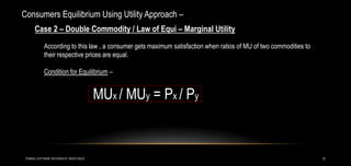12
Consumers Equilibrium Using Utility Approach –
Case 2 – Double Commodity / Law of Equi – Marginal Utility
According to this law , a consumer gets maximum satisfaction when ratios of MU of two commodities to
their respective prices are equal.
Condition for Equilibrium –
MUx / MUy = Px / Py
PANKAJ KOTWANI 9074285410; 9630129222
 