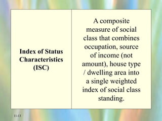 11-13
Index of Status
Characteristics
(ISC)
A composite
measure of social
class that combines
occupation, source
of income (not
amount), house type
/ dwelling area into
a single weighted
index of social class
standing.
 