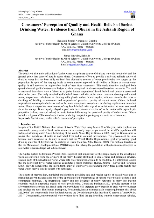 Consumers’ perception of quality and health beliefs of sachet drinking