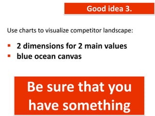 Good idea 3.

Use charts to visualize competitor landscape:

 2 dimensions for 2 main values
 blue ocean canvas


       Be sure that you
       have something
 