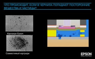 ЧТО ПРОИСХОДИТ, ЕСЛИ В ЧЕРНИЛА ПОПАДАЮТ ПОСТОРОННИЕ
      ВЕЩЕСТВА И ЧАСТИЦЫ?




           Картридж Epson




         Совместимый картридж
Company Confidential                                  126
 