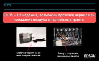 СНПЧ


     СНПЧ – Не надежна, возможны протечки чернил или
         попадание воздуха в чернильные тракты




                       Протечка чернил из-за    Воздух закупорил
                       плохой герметичности    чернильные тракты
Company Confidential                                               135
 