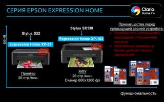 СЕРИЯ EPSON EXPRESSION HOME

                                                             Приемущества перед
                                     Stylus SX130        предыдущей серией устройств:
              Stylus S22                                  Возможность использовать
 цена




                                Expression Home XP-103     картриджей повышенной
                                                           емкости
        Expression Home XP-33                             Компактные размеры и
                                                           более удобная панель
                                                           управления



                                          МФУ
             Принтер
                                      26 стр./мин.
            26 стр./мин.
                                  Сканер 600х1200 dpi


                                                              функциональность
41
 