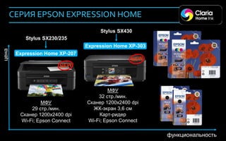 СЕРИЯ EPSON EXPRESSION HOME
                                       Stylus SX430
            Stylus SX230/235
                                  Expression Home XP-303
 цена




         Expression Home XP-207




                                          МФУ
                                      32 стр./мин.
                  МФУ             Сканер 1200х2400 dpi
              29 стр./мин.          ЖК-экран 3,6 см
          Сканер 1200х2400 dpi         Карт-ридер
          Wi-Fi; Epson Connect    Wi-Fi; Epson Connect

42
                                                           функциональность
 