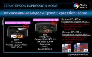 СЕРИЯ EPSON EXPRESSION HOME


                                 Expression Home XP-406   Отличия XP - 406 от
 цена




                                                          стандартной модели XP-303 :
        Expression Home XP-203
                                                           Больше диагональ экрана
                                                           Сенсорная панель
                                                             управления
                                                          Отличия XP - 203 от
                                         МФУ              стандартной модели XP-207 :
                                     33 стр./мин.          Выше скорость печати
                 МФУ             Сканер 1200х2400 dpi      Нет функции Epson
             30 стр./мин.          ЖК-экран 6,3 см           Connect
         Сканер 1200х2400 dpi        Карт-ридер
             Wi-Fi; iPrint              Wi-Fi;
                                    Epson Connect

44
                                                                функциональность
 