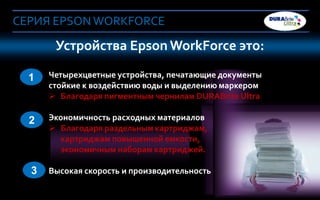 СЕРИЯ EPSON WORKFORCE

       Устройства Epson WorkForce это:
 Что важно при покупке устройства в офис?

     1        Четырехцветные устройства, печатающие документы
              стойкие к воздействию воды и выделению маркером
               Благодаря пигментным чернилам DURABrite Ultra

     2        Экономичность расходных материалов
               Благодаря раздельным картриджам,
                картриджам повышенной емкости,
                экономичным наборам картриджей.

      3       Высокая скорость и производительность

6 Company Confidential   Company Confidential
0
 