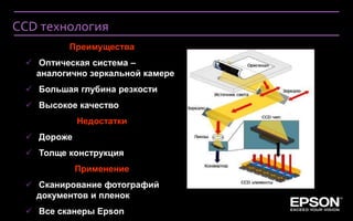 CCD технология
                   Преимущества
  Оптическая система –
   аналогично зеркальной камере
  Большая глубина резкости
  Высокое качество
                        Недостатки
  Дороже
  Толще конструкция
                        Применение
  Сканирование фотографий
   документов и пленок
  Все сканеры Epson
 Company Confidential
 
