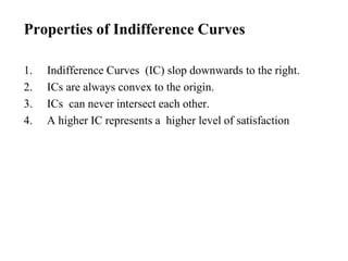Properties of Indifference Curves
1. Indifference Curves (IC) slop downwards to the right.
2. ICs are always convex to the origin.
3. ICs can never intersect each other.
4. A higher IC represents a higher level of satisfaction
 