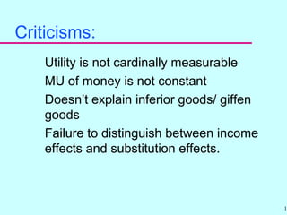 14
Criticisms:
Utility is not cardinally measurable
MU of money is not constant
Doesn’t explain inferior goods/ giffen
goods
Failure to distinguish between income
effects and substitution effects.
 