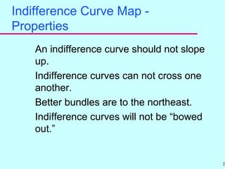 20
Indifference Curve Map -
Properties
An indifference curve should not slope
up.
Indifference curves can not cross one
another.
Better bundles are to the northeast.
Indifference curves will not be “bowed
out.”
 