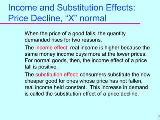 39
Income and Substitution Effects:
Price Decline, “X” normal
When the price of a good falls, the quantity
demanded rises for two reasons.
The income effect: real income is higher because the
same money income buys more at the lower prices.
For normal goods, then, the income effect of a price
fall is positive.
The substitution effect: consumers substitute the now
cheaper good for ones whose price has not fallen,
real income held constant. This increase in demand
is called the substitution effect of a price decline.
 