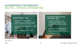 26 CLIENT NAME | PRESENTATION TITLECBRE
AUTOMATION & TECHNOLOGY
DIGITAL + PHYSICAL INTEGRATION
Source: H&M, IKEA
SMART MIRRORS – H&M
• Through voice and facial
recognition, customers can use
voice commands to take selfies
• Virtually integrated with the H&M
catalogue
• Gives shopping tips to users
AUGMENTED REALITY SMART
PHONE APP – IKEA
• Allows customers to see
exactly how furniture items
would look and fit into their
homes
• Consumers can experience,
experience and share how
specific designs can transform
a space
 