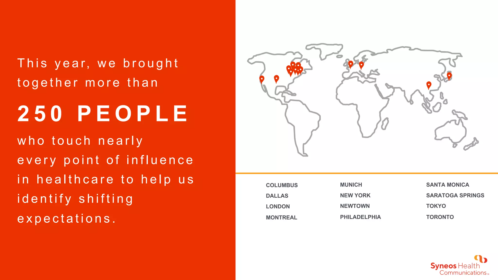 COLUMBUS
DALLAS
LONDON
MONTREAL
T h i s y e a r, w e b r o u g h t
t o g e t h e r m o r e t h a n
w h o t o u c h n e a r l y
e v e r y p o i n t o f i n f l u e n c e
i n h e a l t h c a r e t o h e l p u s
i d e n t i f y s h i f t i n g
e x p e c t a t i o n s .
2 5 0 P E O P L E
SANTA MONICA
SARATOGA SPRINGS
TOKYO
TORONTO
MUNICH
NEW YORK
NEWTOWN
PHILADELPHIA
 