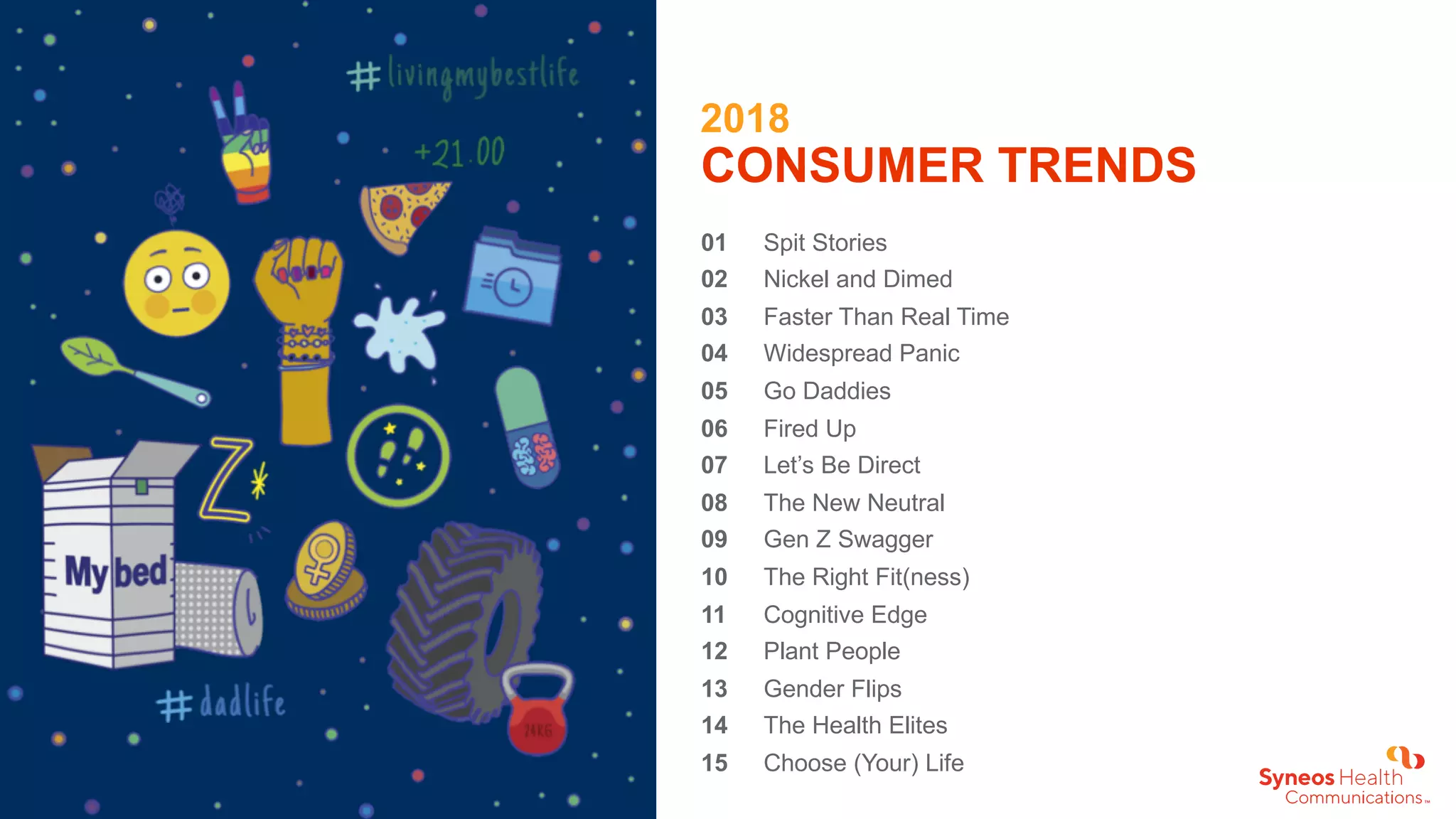 CONSUMER TRENDS
2018
01
02
03
04
05
06
07
08
09
10
11
12
13
14
15
Spit Stories
Nickel and Dimed
Faster Than Real Time
Widespread Panic
Go Daddies
Fired Up
Let’s Be Direct
The New Neutral
Gen Z Swagger
The Right Fit(ness)
Cognitive Edge
Plant People
Gender Flips
The Health Elites
Choose (Your) Life
 