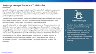 33
Secure Traditionalists are very set in their ways. They are unlikely to place importance on
their image and rarely follow the latest trends. This consumer type can be difficult to
influence since they rarely make impulse buys or try new products and usually stick to
purchasing their essentialitems.
They are frugal in their shopping habits, frequently focusing on low prices and placing high
importance on saving money. Discounts and sale offers can sometimes influence their
purchasing habits, causing them to choose the cheapestalternative.
Secure Traditionalists do not enjoy the shopping experience, so the more convenient and
efficient retailers and brands make the purchasing process, the more likely consumers in
this category are to make repeat purchases. Though they have become more comfortable in
using technology in recent years, Secure Traditionalists still value in-store shopping services
and are more likely to do their research and make purchases in-store rather thanonline.
In previous years, the Secure Traditionalist has steadily been increasing their use of
technology and internet platforms; however, COVID-19 has accelerated the use of
technology. This opens a new opportunity and channel for businesses to target this
consumer.
Best ways to target the Secure Traditionalist
SHOPPING HABITS OF CONSUMER TYPES INVIETNAM
Best Ways to Target
• Provide in-store and offline services to
alleviate any anxieties when using
technology
• Clearly mark promotional items, low
prices and discounts, especially on
usual and essential purchases
• Create a convenient and easy shopping
experience to minimise time spent
shopping
© Euromonitor International
 