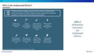 9
Who is the Undaunted Striver?
SHOPPING HABITS OF CONSUMER TYPES INVIETNAM
92% like to be
actively involved
in brands
91% use
technology to
improve their day-
to-day life
92% try to havea
positive impact on
the environment
through their daily
actions
89% areactively
involved in
political and social
issues
95% participate in
physical exercise
at least 1-2 timesa
week
89% order food
for home delivery
at least 1-2 timesa
week
93% reheat or
prepare a ready
meal at least1-2
times a week
87% take health
supplements/
vitamins at least1-
2 times a week
Trendy consumers willing to spend money in order to maintain their
status both online and offline. Highly prioritise experiences and leisure
activities as well as name-brand and luxuryproducts.
34% of
Vietnamese
consumers
are
Undaunted
Strivers
Source: Euromonitor Voice of the Consumer: Lifestyles Survey 2022
© Euromonitor International
 