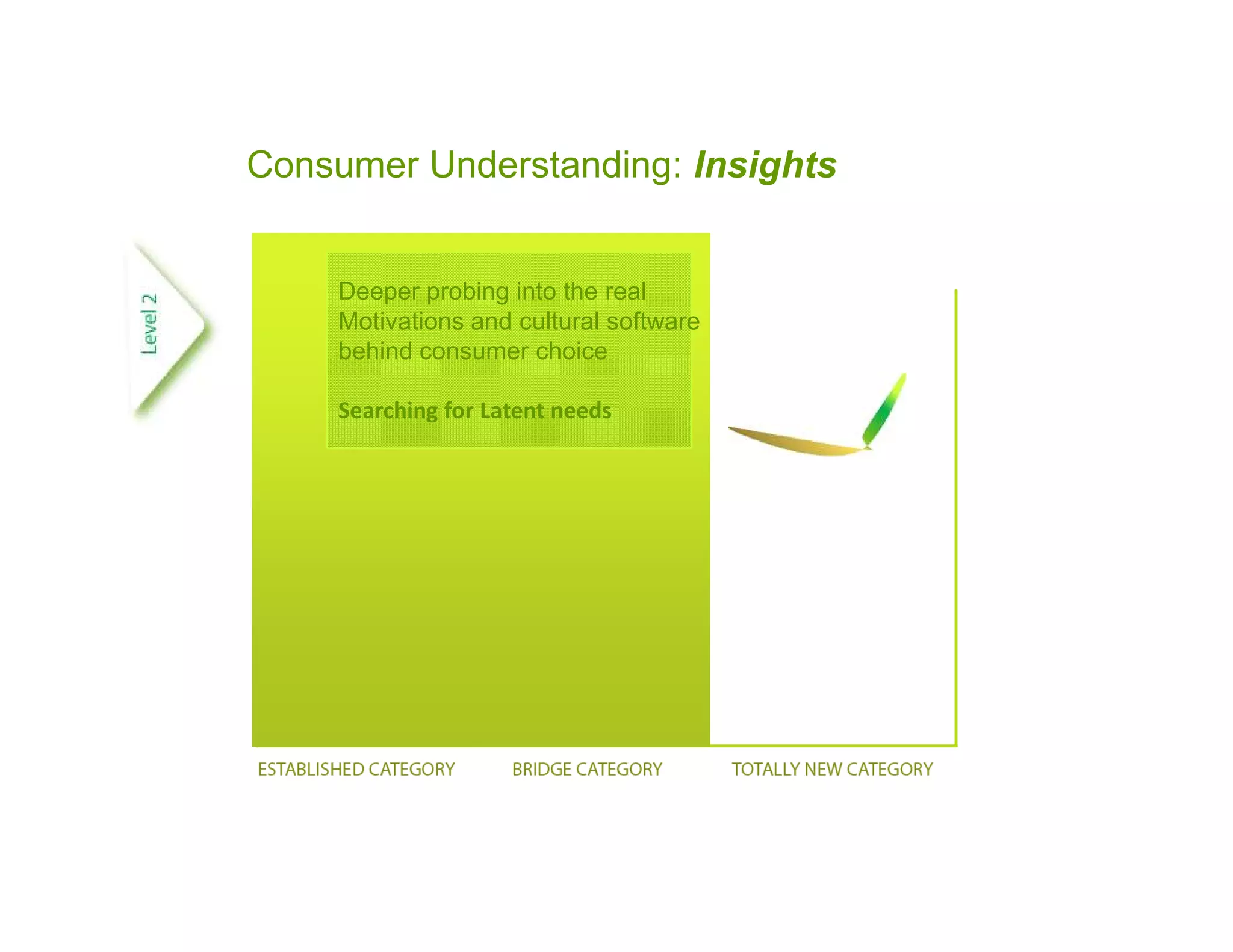 Consumer Understanding: Insights


    Deeper probing into the real
    Motivations and cultural software
    behind consumer choice

    Searching for Latent needs
 
