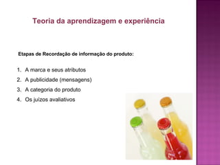 Etapas de Recordação de informação do produto:
1. A marca e seus atributos
2. A publicidade (mensagens)
3. A categoria do produto
4. Os juízos avaliativos
Teoria da aprendizagem e experiência
 