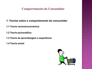 1. Teorias sobre o comportamento do consumidor
1.1 Teoria racional-económica
1.2 Teoria psicanalítica
1.4 Teoria social
1.3 Teoria da aprendizagem e experiência
Comportamento do Consumidor
 