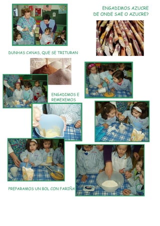 ENGADIMOS AZUCRE
                                DE ONDE SAE O AZUCRE?




DUNHAS CANAS, QUE SE TRITURAN




                  ENGADIMOS E
                  REMEXEMOS




PREPARAMOS UN BOL CON FARIÑA
 