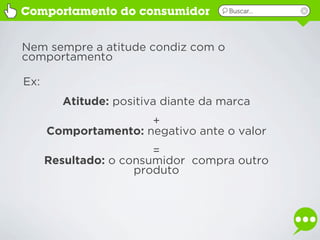 Comportamento do consumidor          Buscar...




Nem sempre a atitude condiz com o
comportamento

Ex:
        Atitude: positiva diante da marca
                      +
      Comportamento: negativo ante o valor
                        =
      Resultado: o consumidor compra outro
                     produto
 