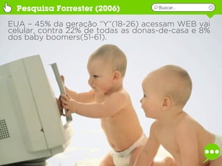 Pesquisa Forrester (2006)          Buscar...


EUA – 45% da geração “Y”(18-26) acessam WEB vai
celular, contra 22% de todas as donas-de-casa e 8%
dos baby boomers(51-61).
 