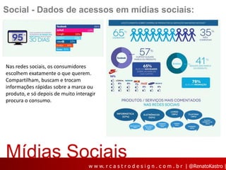 Social - Dados de acessos em mídias sociais:




Nas redes sociais, os consumidores
escolhem exatamente o que querem.
Compartilham, buscam e trocam
informações rápidas sobre a marca ou
produto, e só depois de muito interagir
procura o consumo.




Mídias Sociais
                                    w w w. r c a s t r o d e s i g n . c o m . b r | @RenatoKastro |
 