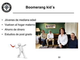 50
Boomerang kid´s
•  Jóvenes de mediana edad
•  Vuelven al hogar materno
•  Ahorro de dinero
•  Estudios de post grado
 