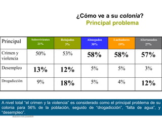 ¿Cómo ve a su colonia?
Principal problema
Principal Sobrevivientes
21%
Relajados
3%
Abnegados
30%
Luchadores
19%
Afortunados
27%
Crimen y
violencia
50% 53% 58% 58% 57%
Desempleo
13% 12% 5% 5% 3%
Drogadicción 9% 18% 5% 4% 12%
A nivel total “el crimen y la violencia” es considerado como el principal problema de su
colonia para 56% de la población, seguido de “drogadicción”, “falta de agua”, y
“desempleo”.
 