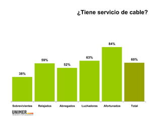 ¿Tiene servicio de cable?
38%
59%
52%
63%
84%
60%
Sobrevivientes Relajados Abnegados Luchadores Afortunados Total
 