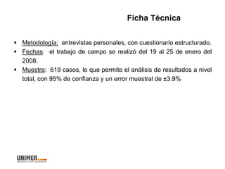 Ficha Técnica
 Metodología: entrevistas personales, con cuestionario estructurado.
 Fechas: el trabajo de campo se realizó del 19 al 25 de enero del
2008.
 Muestra: 619 casos, lo que permite el análisis de resultados a nivel
total, con 95% de confianza y un error muestral de ±3.9%
 