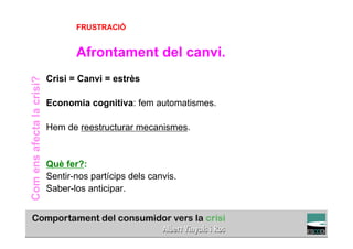 FRUSTRACIÓ


                                  Afrontament del canvi.
                           Crisi = Canvi = estrès
Com ens afecta la crisi?




                           Economia cognitiva: fem automatismes.

                           Hem de reestructurar mecanismes.



                           Què fer?:
                           Sentir-nos partícips dels canvis.
                           Saber-los anticipar.

                                                                                   TÍTOL PROPI:

                                     GRADUAT EN DIRECCIÓ DE COMERÇ I DISTRIBUCIÓ
 