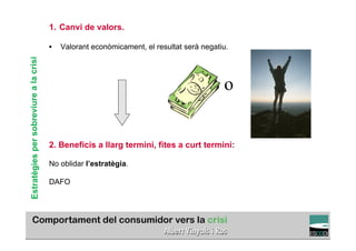 1.  Canvi de valors.

                                        •    Valorant econòmicament, el resultat serà negatiu.
Estratègies per sobreviure a la crisi




                                                                                            o


                                        2. Beneficis a llarg termini, fites a curt termini:

                                        No oblidar l’estratègia.

                                        DAFO



                                                                                                  TÍTOL PROPI:

                                                    GRADUAT EN DIRECCIÓ DE COMERÇ I DISTRIBUCIÓ
 