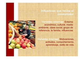 Influencias que recibe el
                consumidor

    Variables externas: Entorno
       económico, cultural, medio
 ambiente, clase social, grupo de
 referencia, la familia, influencias


Variables internas: Motivaciones,
       actitudes, comportamiento,
       aprendizaje, estilo de vida.
 