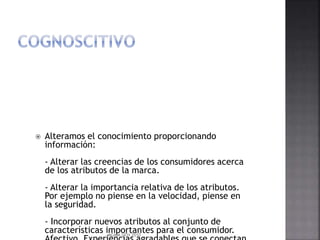  Alteramos el conocimiento proporcionando
información:
- Alterar las creencias de los consumidores acerca
de los atributos de la marca.
- Alterar la importancia relativa de los atributos.
Por ejemplo no piense en la velocidad, piense en
la seguridad.
- Incorporar nuevos atributos al conjunto de
características importantes para el consumidor.
MGMM UTH 2010
 