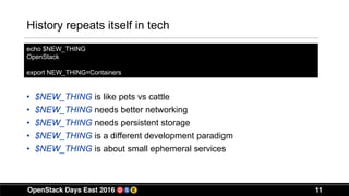 11
History repeats itself in tech
• $NEW_THING is like pets vs cattle
• $NEW_THING needs better networking
• $NEW_THING needs persistent storage
• $NEW_THING is a different development paradigm
• $NEW_THING is about small ephemeral services
echo $NEW_THING
OpenStack
export NEW_THING=Containers
 