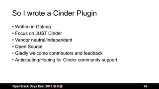 So I wrote a Cinder Plugin
• Written in Golang
• Focus on JUST Cinder
• Vendor neutral/independent
• Open Source
• Gladly welcome contributors and feedback
• Anticipating/Hoping for Cinder community support
14
 