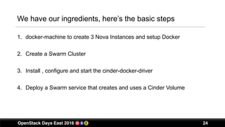 24
We have our ingredients, here’s the basic steps
1. docker-machine to create 3 Nova Instances and setup Docker
2. Create a Swarm Cluster
3. Install , configure and start the cinder-docker-driver
4. Deploy a Swarm service that creates and uses a Cinder Volume
 