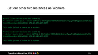 29
Set our other two Instances as Workers
➜ eval $(docker-machine env swarm-2)
➜ docker swarm join --token SWMTKN-1-33zfeg2ppr9043o4itdn2cznwn7yuy7na1fqg2aduoemihw93o-
3znh32dbpmb5goc8l1ia286it 172.16.140.157:2377
This node joined a swarm as a worker.
➜ eval $(docker-machine env swarm-3)
➜ docker swarm join --token SWMTKN-1-33zfeg2ppr9043o4itdn2cznwn7yuy7na1fqg2aduoemihw93o-
3znh32dbpmb5goc8l1ia286it 172.16.140.157:2377
This node joined a swarm as a worker.
 