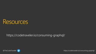 @TheCodeTraveler https://codetraveler.io/consuming-graphql/
Resources
https://codetraveler.io/consuming-graphql/
 