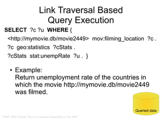 Link Traversal Based
                             Query Execution
 SELECT ?c ?u WHERE {
   <http://mymovie.db/movie2449> m...