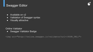 Swagger Editor
● Available on v2
● Validation of Swagger syntax
● Visually attractive
Online Validator
● Swagger Validator Badge
<img src="http://online.swagger.io/validator?url={YOUR_URL}">
 