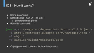 iOS - How it works?
● Same as Android
● Default setup - Out-Of-The-Box
o generated files prefix
● Run this command:
java -jar swagger-codegen-distribution-2.1.0.jar 
-i http://petstore.swagger.io/v2/swagger.json 
-l objc 
-o samples/client/petstore/objc
● Copy generated code and include into project
 