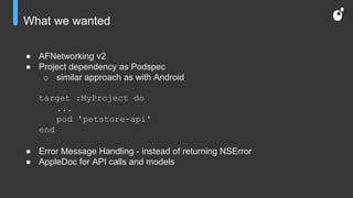 What we wanted
● AFNetworking v2
● Project dependency as Podspec
o similar approach as with Android
target :MyProject do
...
pod 'petstore-api'
end
● Error Message Handling - instead of returning NSError
● AppleDoc for API calls and models
 