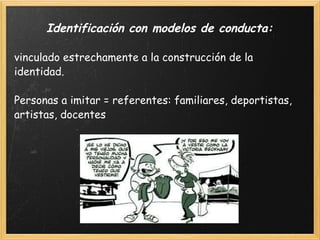 Identificación con modelos de conducta: vinculado estrechamente a la construcción de la identidad. Personas a imitar = referentes: familiares, deportistas, artistas, docentes  