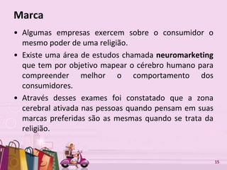 Free Powerpoint Templates 15
Marca
• Algumas empresas exercem sobre o consumidor o
mesmo poder de uma religião.
• Existe uma área de estudos chamada neuromarketing
que tem por objetivo mapear o cérebro humano para
compreender melhor o comportamento dos
consumidores.
• Através desses exames foi constatado que a zona
cerebral ativada nas pessoas quando pensam em suas
marcas preferidas são as mesmas quando se trata da
religião.
 